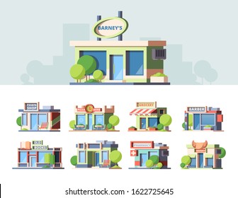 Shops fronts colorful flat vector illustrations set