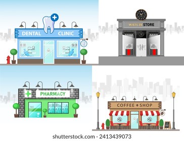 Shops fronts on street. Shopping retail facades Dental clinic , Pharmacy , Coffee shop , Watch store ,store exteriors vector illustration