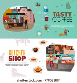 Shops horizontal banners set with coffee street cart and butcher shop symbols flat isolated vector illustration