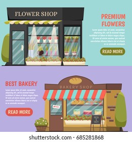 Shops horizontal banners set with flower shop symbols orthogonal isolated vector illustration 