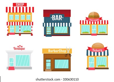 Shops icons set in flat design style. Shop-market, bakery, bar or restaurant, barber shop,  boutique, fast food shop.