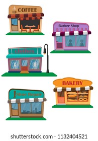 Shops and institutions. bakery, clothing store, barber shop, shoe repairs and coffee shop. Vector illustration