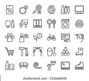 Shops, monochrome icons, thin outline, vector. Different categories of goods. Gray icons on a white field.  