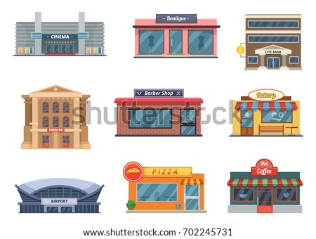 Shops and municipal buildings, mini stores and others. Vector pictures in cartoon style isolate on white. Cinema and barber shop bakery and coffee, pizza and airport illustration