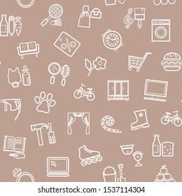 Shops, pattern seamless, monochrome, contour, brown, vector. Different product categories. A subtle, linear pattern. 