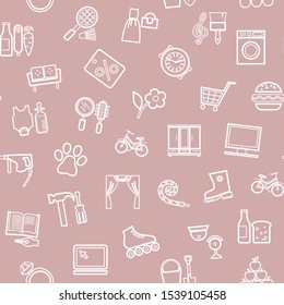 Shops, pattern seamless, monochrome, contour, pink, vector. Different product categories. 