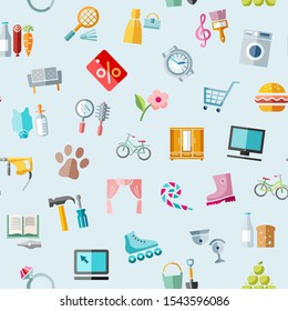 Shops, seamless pattern, blue, color, vector. Different product categories. 