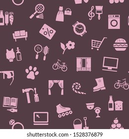 Shops, seamless pattern, color, gray, pink, vector. Different categories of goods.  