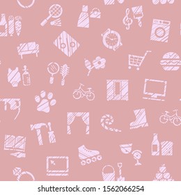 Shops, seamless pattern, color, hatching, pink, vector. Different product categories. Imitation of pencil hatching. 