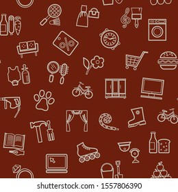 Shops, seamless pattern, color, thin outline, brown, vector. Different product categories. A subtle, linear pattern. 