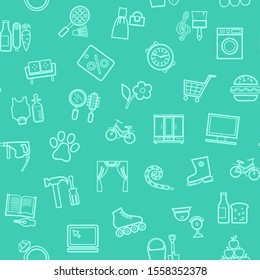 Shops, seamless pattern, color, thin outline, turquoise, vector. Different product categories. A subtle, linear pattern. 