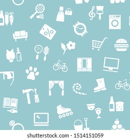 Shops, seamless pattern, monochrome, blue, vector. Different categories of goods.  