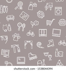 Shops, seamless pattern, monochrome, contour, gray, vector. Different product categories. A subtle, linear pattern 