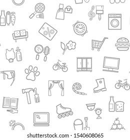 Shops, seamless pattern, monochrome, contour, white, vector. Different product categories.  