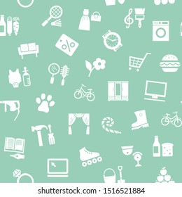 Shops, seamless pattern, monochrome, green, vector. Different categories of goods. White icons on a green field. 