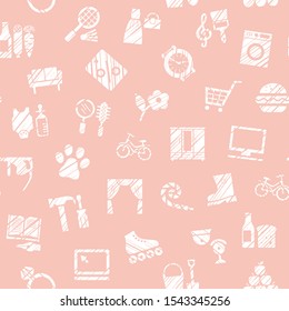 Shops, seamless pattern, monochrome, hatching, pink, vector. Different product categories. Imitation of pencil hatching. 
