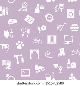 Shops, seamless pattern, monochrome, lilac, vector. Different categories of goods. White icons on a lilac field. 
