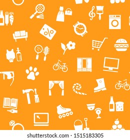 Shops, seamless pattern, monochrome, orange, vector. Different categories of goods. White icons on an orange field.  