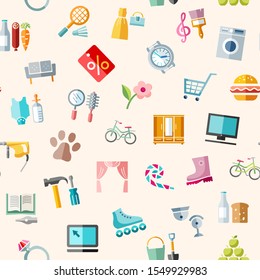 Shops, seamless pattern, pink, color, vector. Different product categories.  