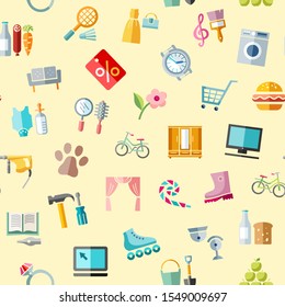 Shops, Seamless Pattern, Yellow, Color, Vector. Different Product Categories.  