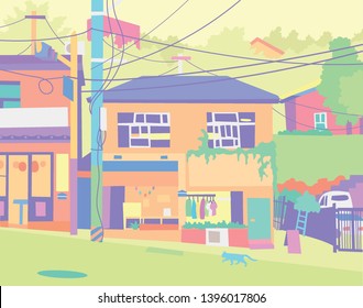 Shops in a small town. Background concept of a vivid color. flat design style minimal vector illustration