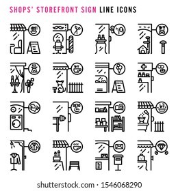 Shops' storefront sign line icons, Pixel perfect shops' storefront sign thin line icons, Set of simple shops' storefront sign line icons, Cute cartoon line icons set, Vector illustration 