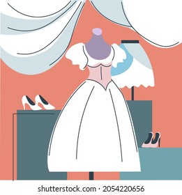 Shops and stores for brides, wedding dresses and accessories for special day. Elegant clothing for woman, shoes and fashionable outfit, trendy and modern look stylish apparel. Vector in flat style