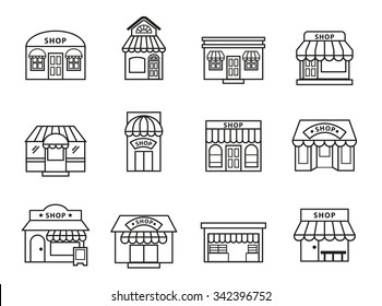 shops and stores building icons set. Line Style stock vector.