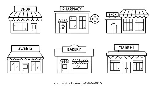 Shops and stores doodle icon set. Ecommerce market, retail shop, bakery, sweets, pharmacy in sketch style. Hand drawn vector illustration isolated on white background