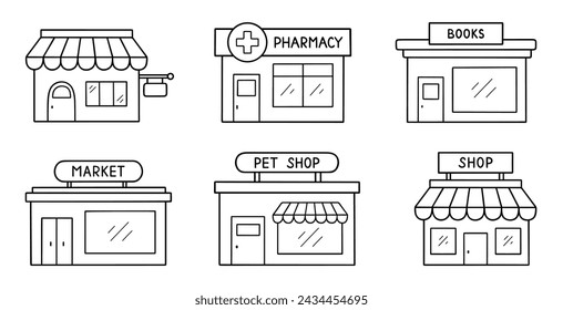 Tiendas y tiendas doodle conjunto de iconos. Mercado de comercio electrónico, tienda al por menor, libros, mascotas, farmacia en estilo boceto. Dibujado a mano ilustración vectorial aislado sobre fondo blanco