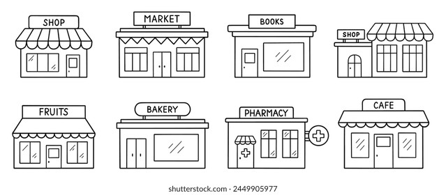 Shops and stores doodle icon set. Ecommerce market, retail shop, bakery, sweets, pharmacy in sketch style. Hand drawn vector illustration isolated on white background