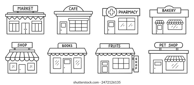 Tiendas y tiendas doodle conjunto de iconos. Mercado de comercio electrónico, tienda al por menor, panadería, dulces, farmacia en estilo boceto. Ilustración vectorial dibujada a mano aislada sobre fondo blanco