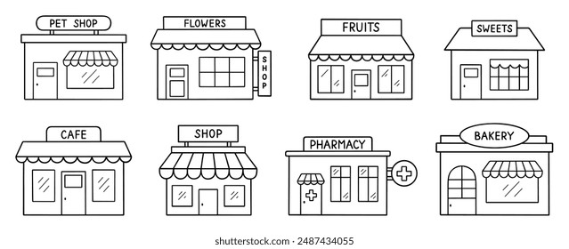 Tiendas y tiendas doodle conjunto de iconos. Mercado de comercio electrónico, tienda al por menor, panadería, dulces, farmacia en estilo boceto. Ilustración vectorial dibujada a mano aislada sobre fondo blanco