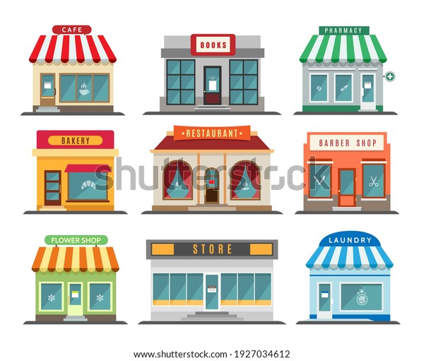 Shops stores exteriors. Laundry and\
restaurant, pharmacy and bistro cafe, store and shop retail street\
business buildings fronts isolated on white\
background