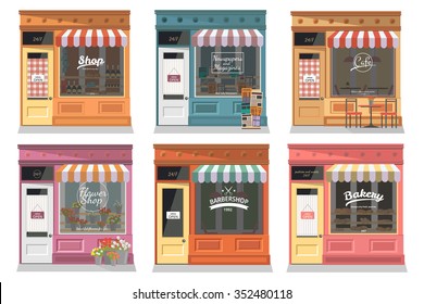 Shops and stores facade icons set in flat design style. Shop, Newspaper shop, Cafe, Barber, Flower shop, Bakery. Vector illustration