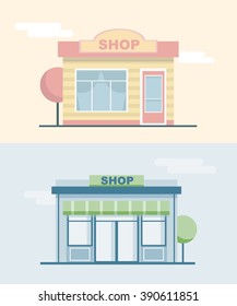Shops and stores front icons set in flat design style.Landscape with buildings.Cityscape. Vector illustration