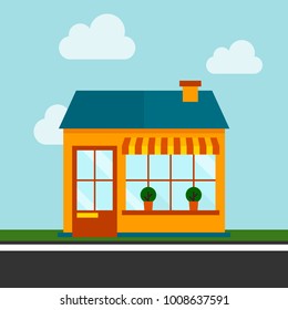 Shops and stores icon in flat design vector with sky and clouds.