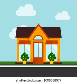 Shops and stores icon in flat design vector with sky and clouds.