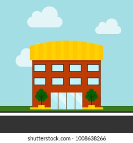 Shops and stores icon in flat design vector with sky and clouds.