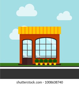 Shops and stores icon in flat design vector with sky and clouds.