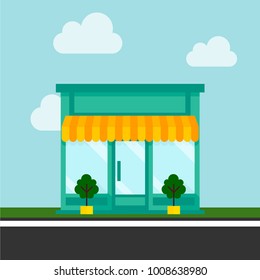 Shops and stores icon in flat design vector with sky and clouds.
