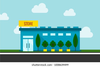 Shops and stores icon in flat design vector with sky and clouds.