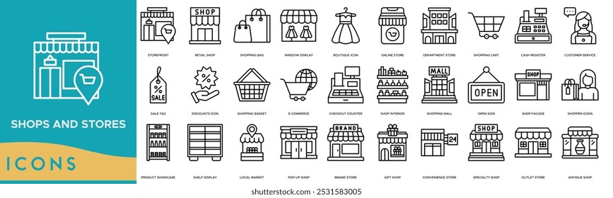 Shops And Stores icon. Storefront, Retail Shop, Shopping Bag, Window Display and Boutique 