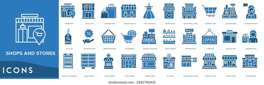 Shops And Stores icon. Storefront, Retail Shop, Shopping Bag, Window Display and Boutique