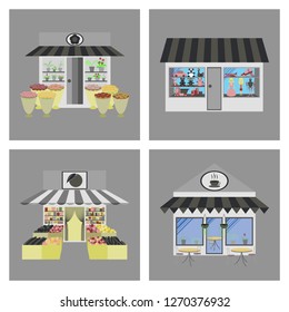 Shops and stores icons set in flat design
