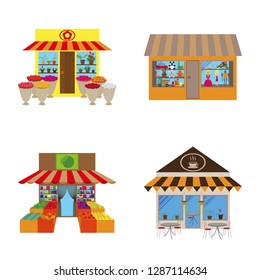 Tienda y almacena iconos establecidos en diseño plano