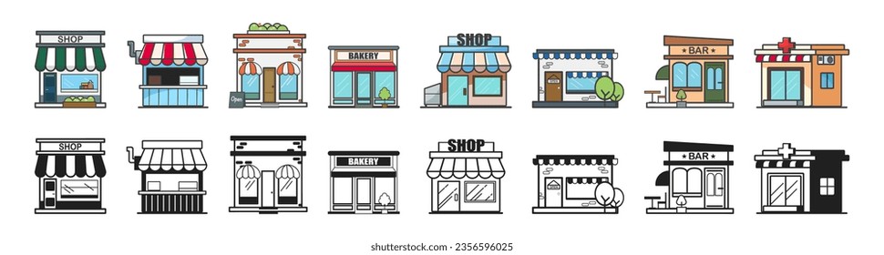 Shops and stores icons set in flat design style. Set of store icon. Fast food, shop book, bar, pharmacy and coffe. Vector illustration