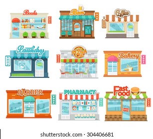 Shops and stores icons set in flat design style. Laundry, shop book, pizza house, beer bar, coffee cafe, bakery shop, pharmacy and barbershop. Vector illustration 