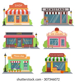 Shops and stores icons set in flat design style. shop, newspaper shop, coffee shop, ice cream shop, flower shop, vegetable and fruit store. Vector illustration