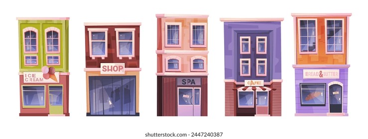 Shops and stores, isolated exterior of local business and services. Vector facade of ice cream, cafe and spa, bread and butter bakery house. Infrastructure of small town, buildings with sings